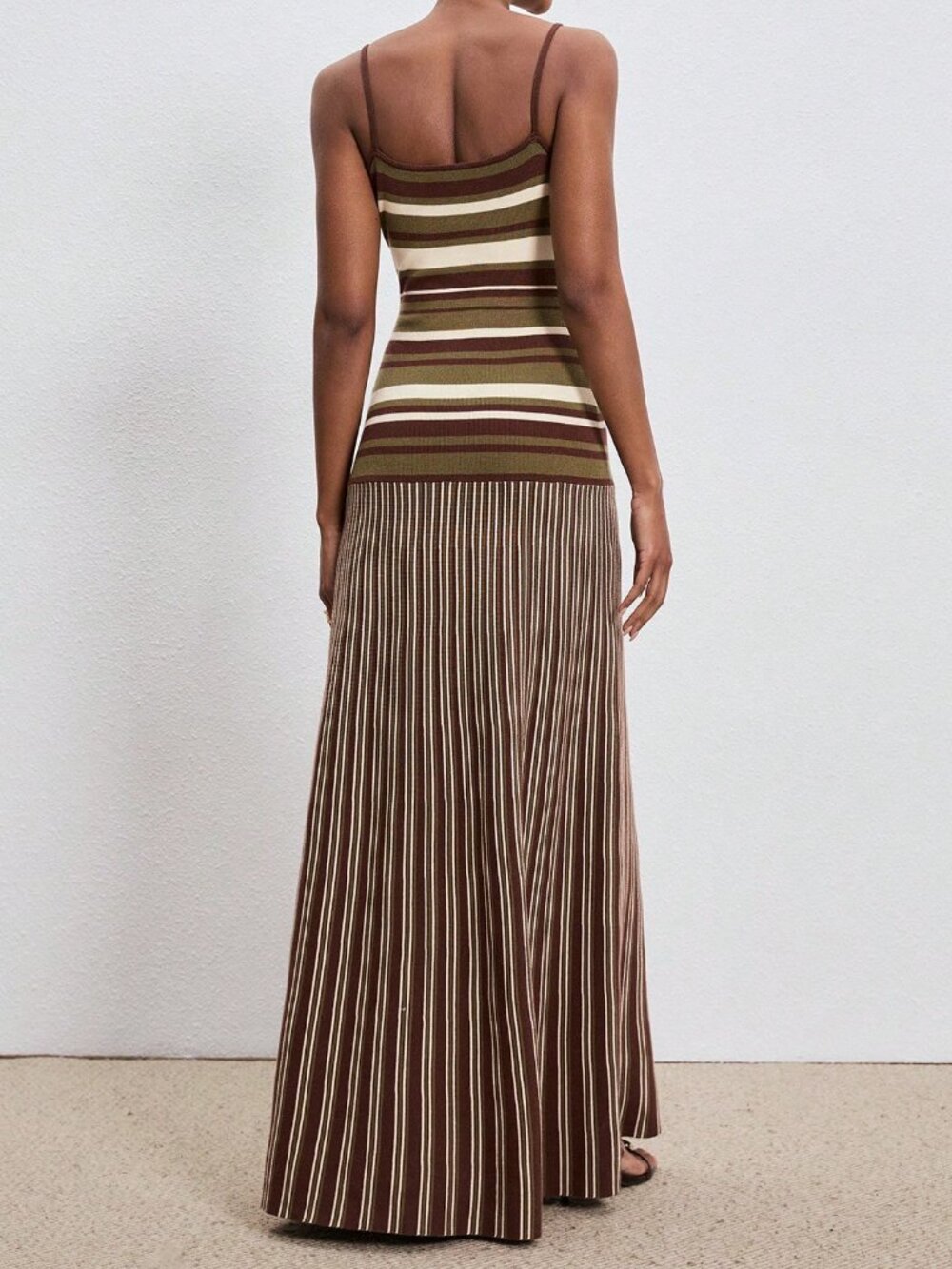 Olive Green Casual Striped Women's Camisole Dress with Beaded Shoulder Straps - Picture 5 of 6